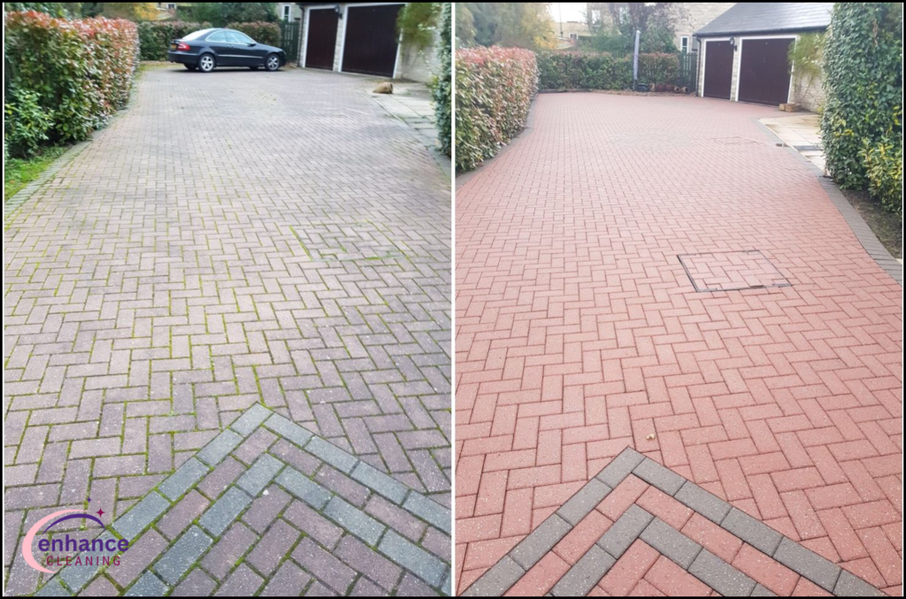 Before and after driveway cleaning in Deal showing block paving restored to a clean finish